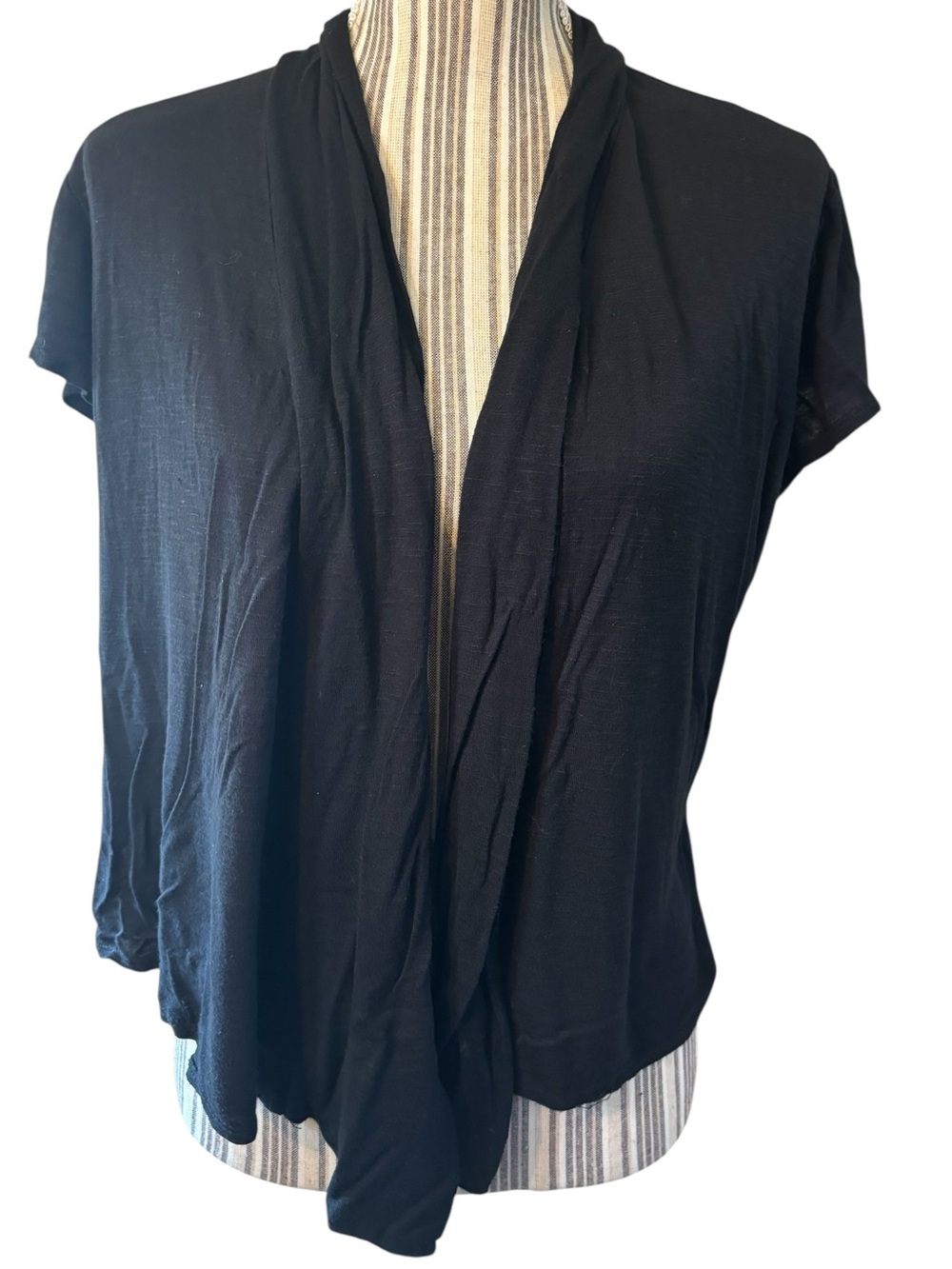 Carol Rose Cardigan Large Black Open Front Short Sleeve Semi-Sheer Lightweight